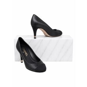 Chanel CC Logo Gold Tipped Heel Cap Toe Leather Pump Black Size 38
